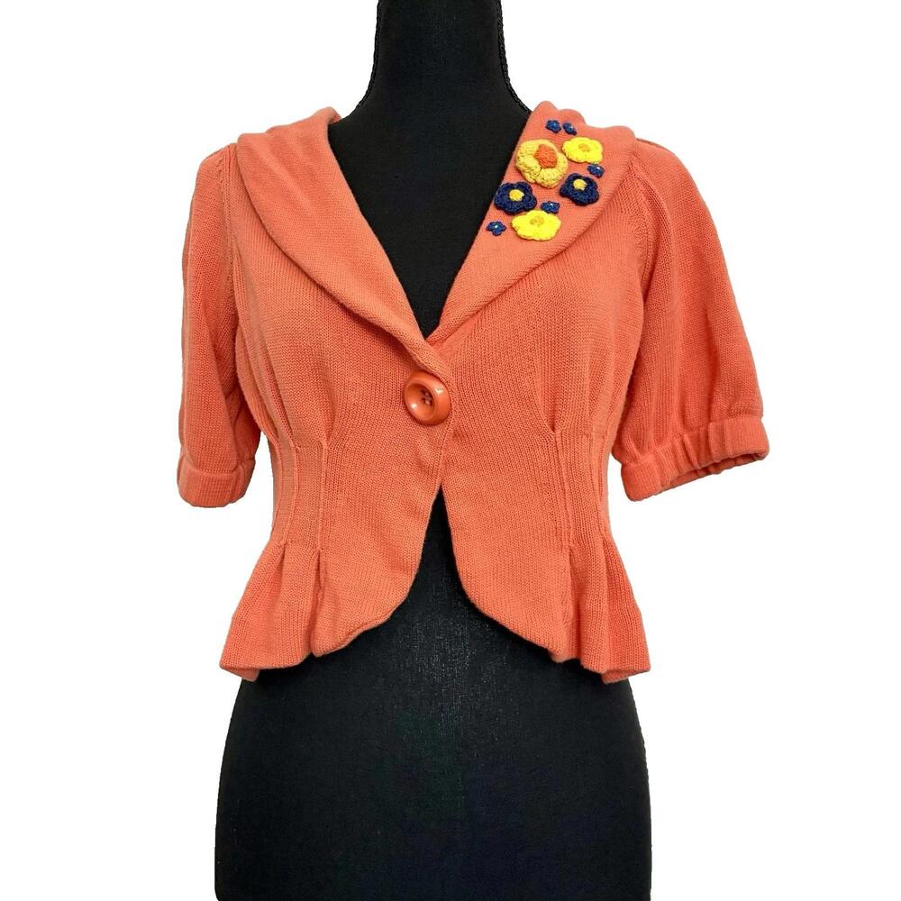 Ivy Jane 2000s Crochet Flower Peplum Cardigan Blazer Orange Cotton S Y2K Retro